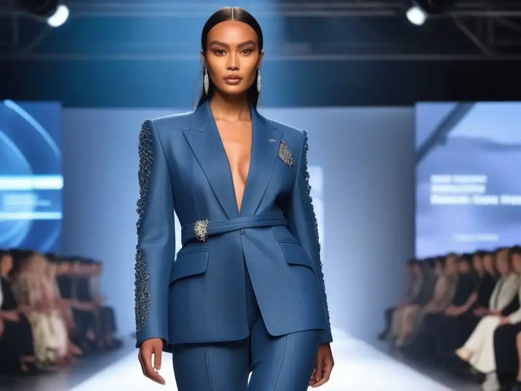 Pasarela sostenible: moda inclusiva con textiles reciclados Una pasarela futurista con modelos de moda inclusiva, luciendo prendas de tejidos reciclados