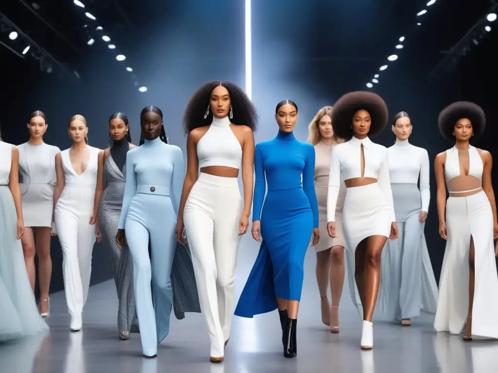 Moda inclusiva: modelos diversos lucen atuendos AI Una pasarela futurista con modelos diversos vistiendo moda inclusiva creada por inteligencia artificial