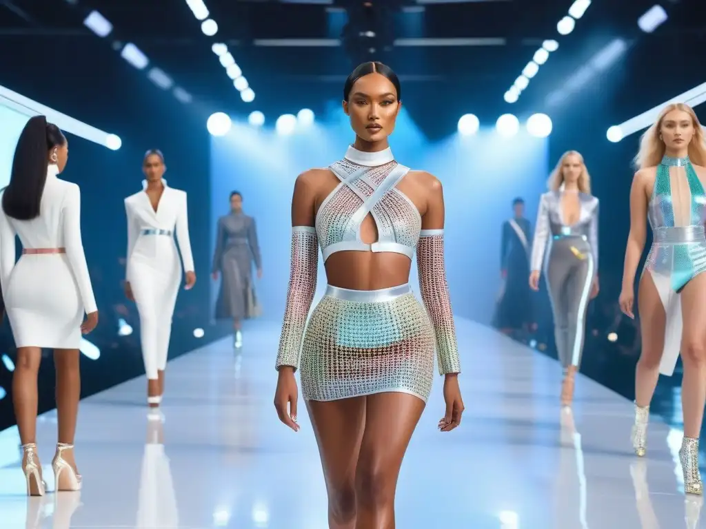 Desfile futurista de moda inclusiva: diversidad y tecnología Una pasarela futurista con modelos diversos desfilando moda inclusiva tallas especiales creada por inteligencia artificial