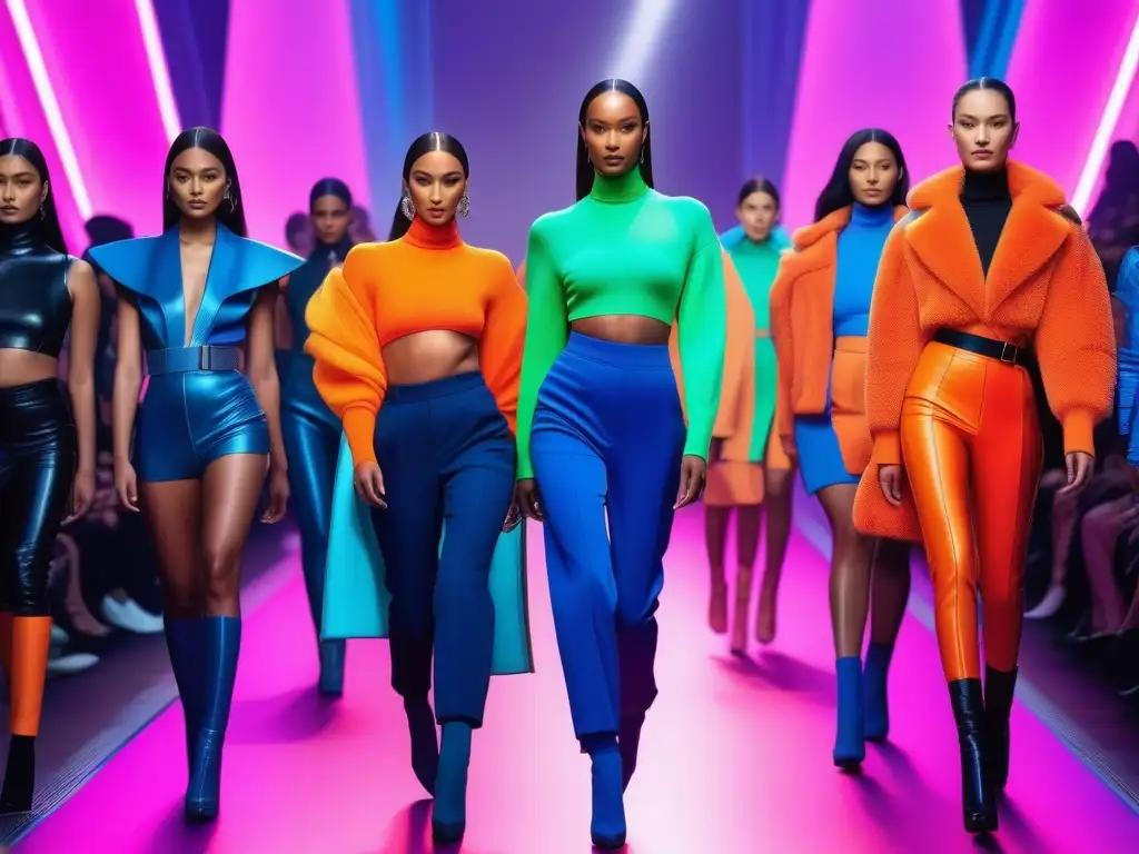 Desfile inclusivo de moda nicho en una pasarela futurista Una pasarela futurista con modelos diversos, exhibiendo moda de nicho inclusiva personalizada