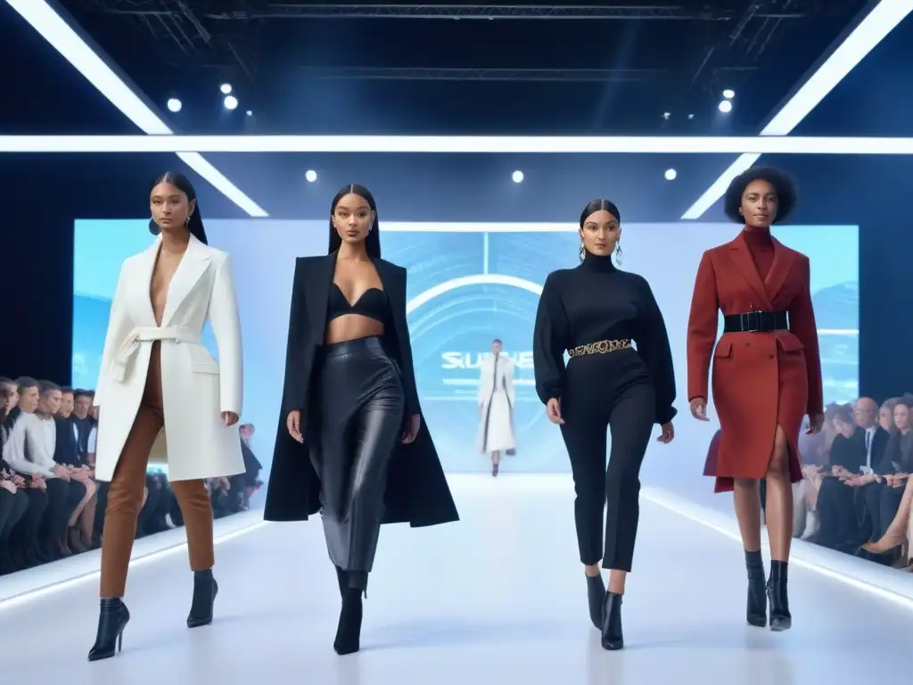 Desfile de moda inclusivo y futurista con modelos únicos y diversos Una pasarela futurista con modelos de moda de nicho inclusiva personalizada desfilando con estilo único y confianza
