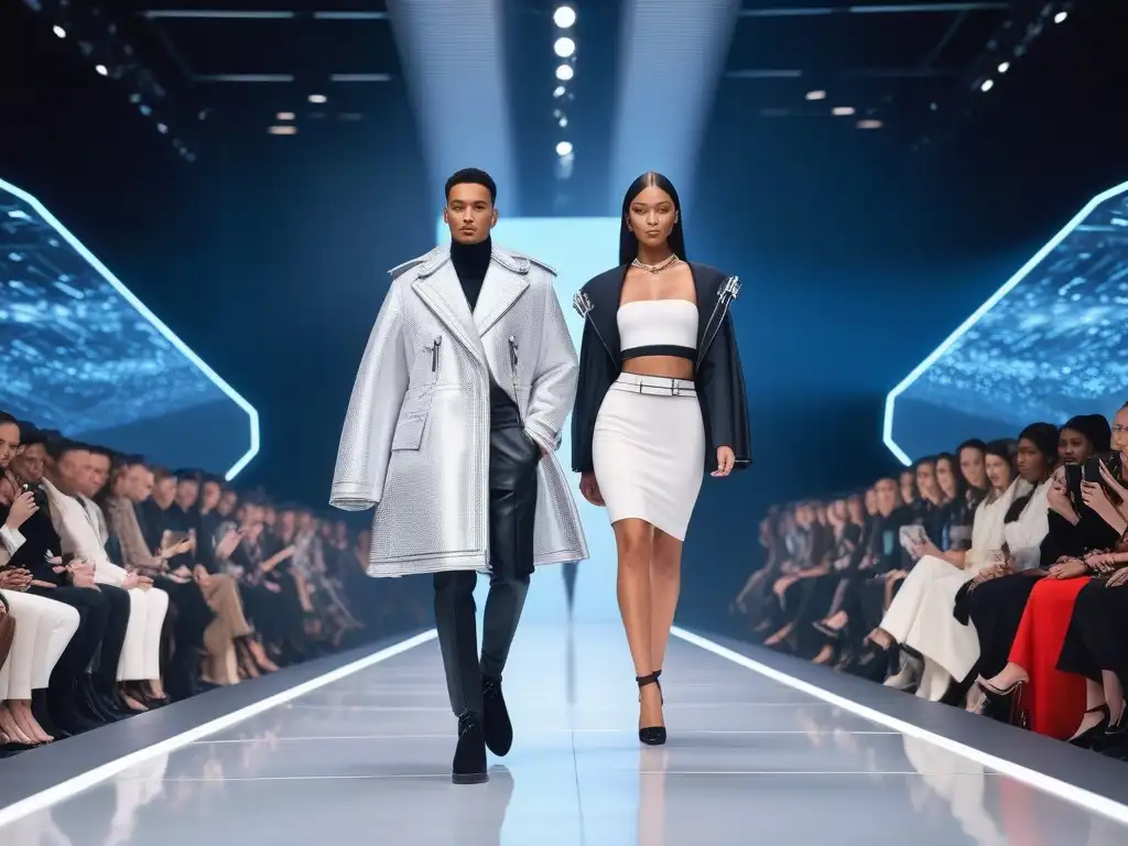 Desfile de moda personalizada: modelos únicos en pasarela futurista Una pasarela futurista con modelos de moda únicos, mostrando la personalización en moda para todos