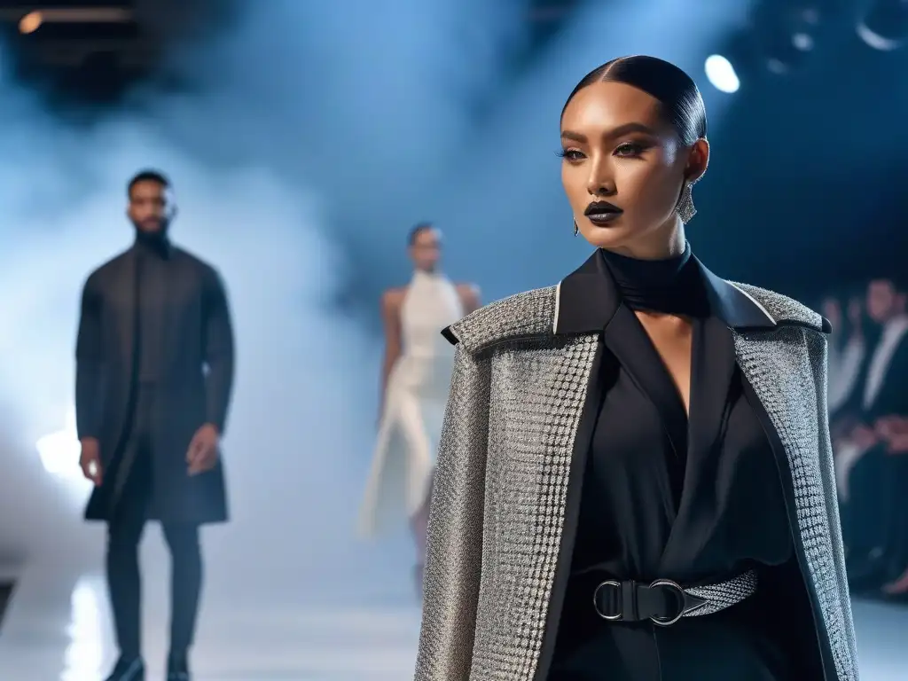 Moda inclusiva y diversa en desfile futurista Una pasarela futurista con modelos diversos desfilando moda inclusiva para todos cuerpos, desafiando estándares de belleza