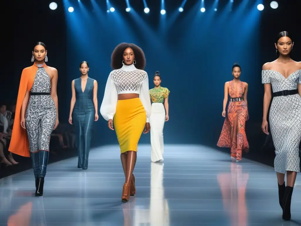Moda inclusiva: desfile futurista inspirado en la televisión Una pasarela futurista con modelos diversos exhibiendo moda inclusiva inspirada en la televisión