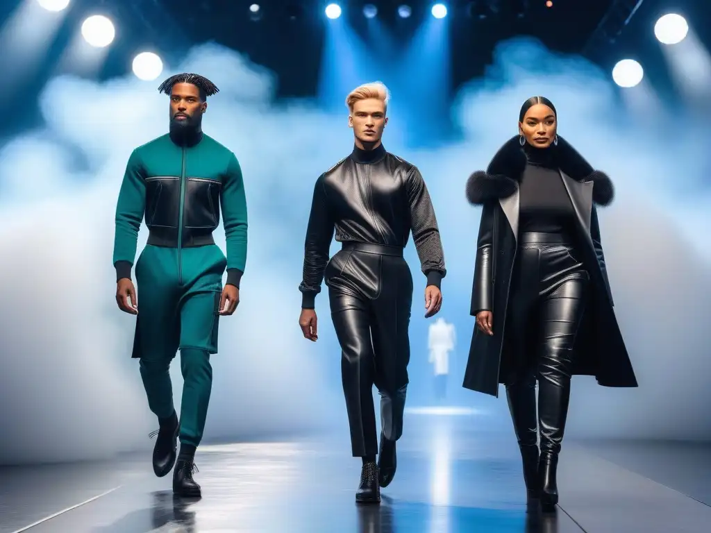 Desfile inclusivo de moda adaptativa: Fashion for All Una pasarela futurista muestra modelos diversos luciendo moda inclusiva; un mensaje de empoderamiento y diversidad