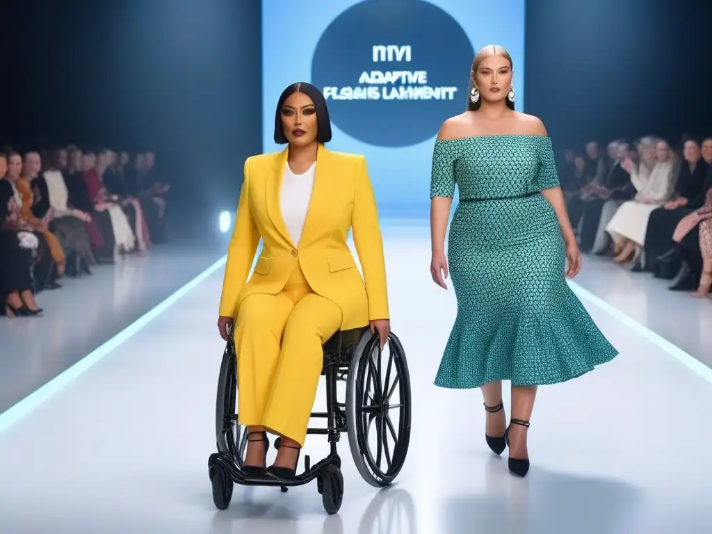 Desfile inclusivo de moda adaptativa en una pasarela futurista Una pasarela futurista con modelos diversos exhibiendo moda adaptativa inclusiva y diversa