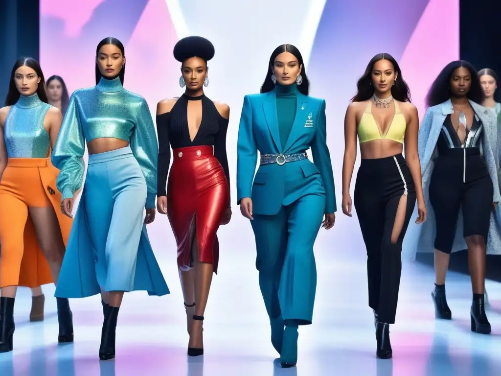 Desfile futurista: moda inclusiva en pasarela sostenible Una pasarela futurista con modelos de moda diversa luciendo ropa ecofriendly