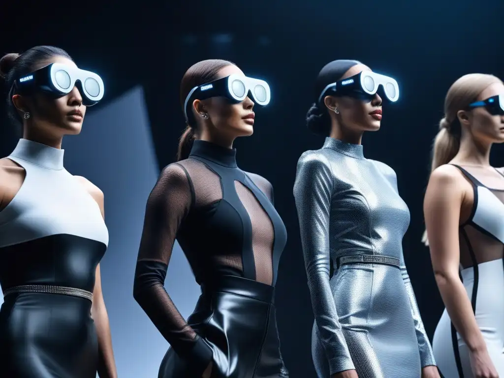 Desfile futurista: moda inclusiva y tecnológica en la pasarela Una pasarela futurista con modelos de moda diversa luciendo gadgets de alta gama en moda inclusiva