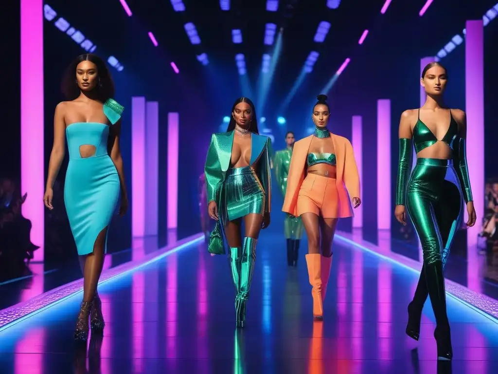 Desfile de moda inclusivo y futurista con diversidad de cuerpos y etnias Una pasarela futurista con modelos diversos luciendo moda inclusiva para todos cuerpos, bajo luces de neón