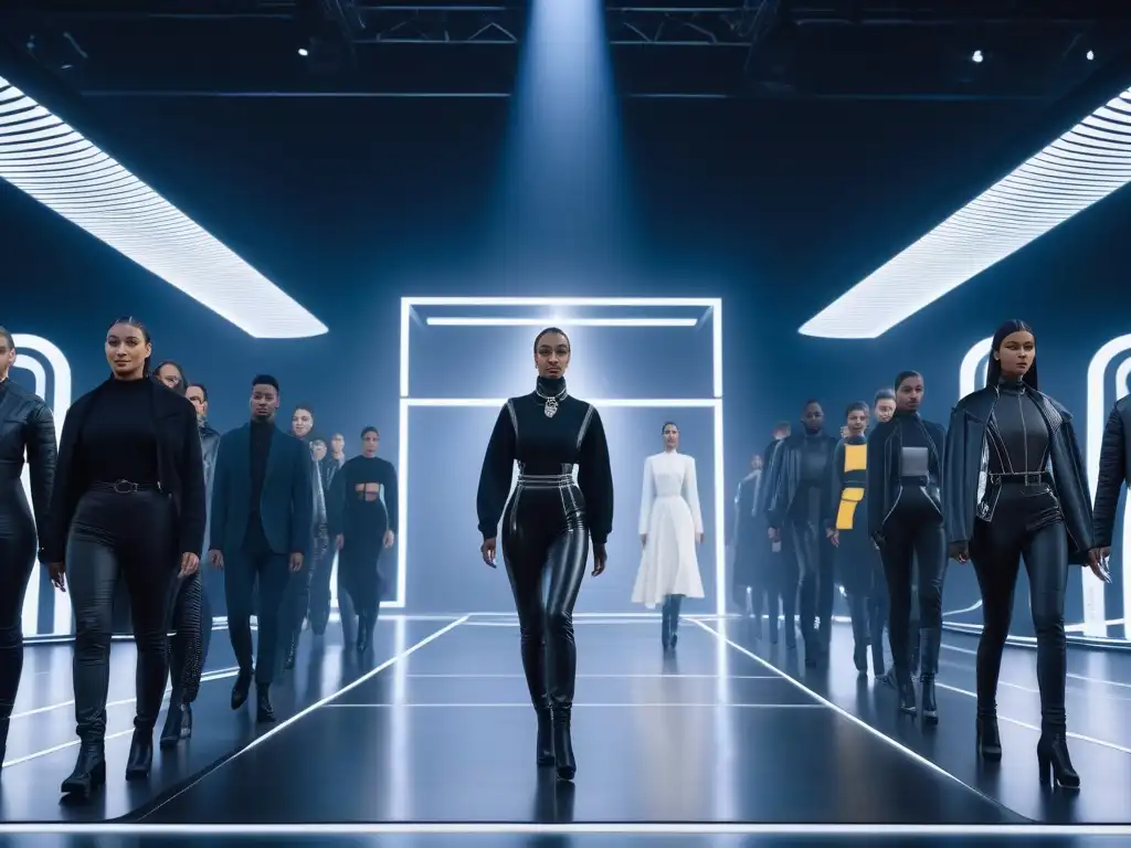 Desfile futurista de moda con tecnología wearable premium Una pasarela futurista con modelos de moda llevando wearables premium en outfits inclusivos, representando diversidad y empoderamiento