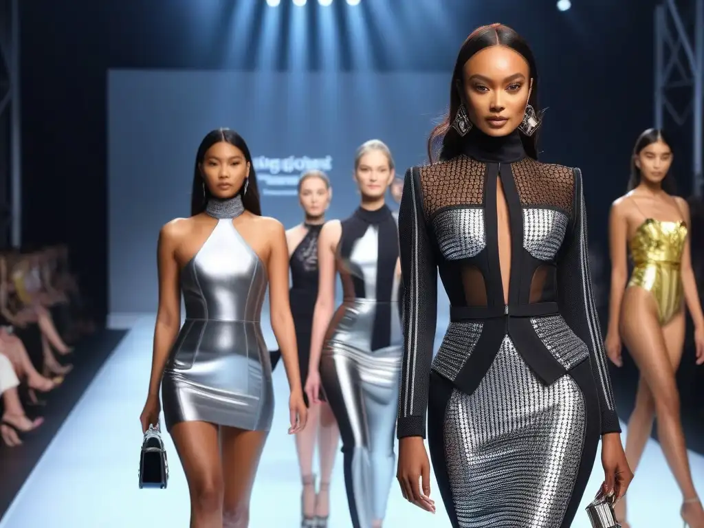 Desfile futurista: moda tech para todos los cuerpos Una pasarela futurista con modelos de moda mostrando gadgets para alturas