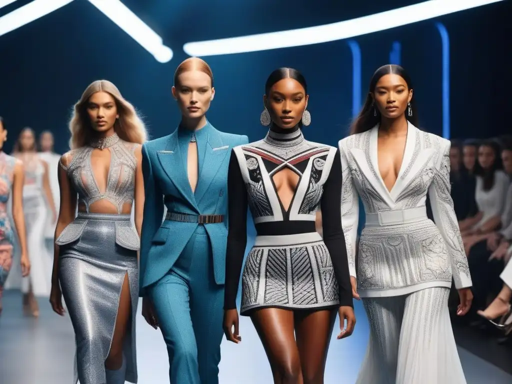 Desfile futurista: moda diversa y cuerpo positivo Una pasarela futurista con modelos diversos exhibiendo moda, fusionando culturas y estilos