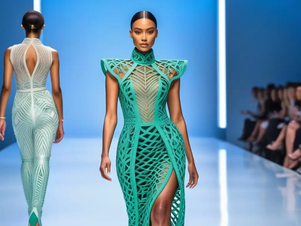 Desfile de moda 3D: Celebrando diversidad y vanguardia Una pasarela futurista con modelos diversos desfilando en moda inclusiva con impresión 3D