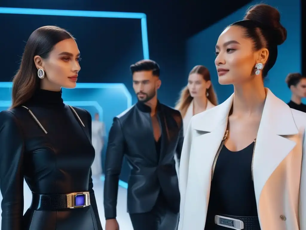Desfile futurista de modelos con smartwatches de lujo Una pasarela futurista con modelos de moda luciendo smartwatches de lujo, representando la diversidad e inclusión