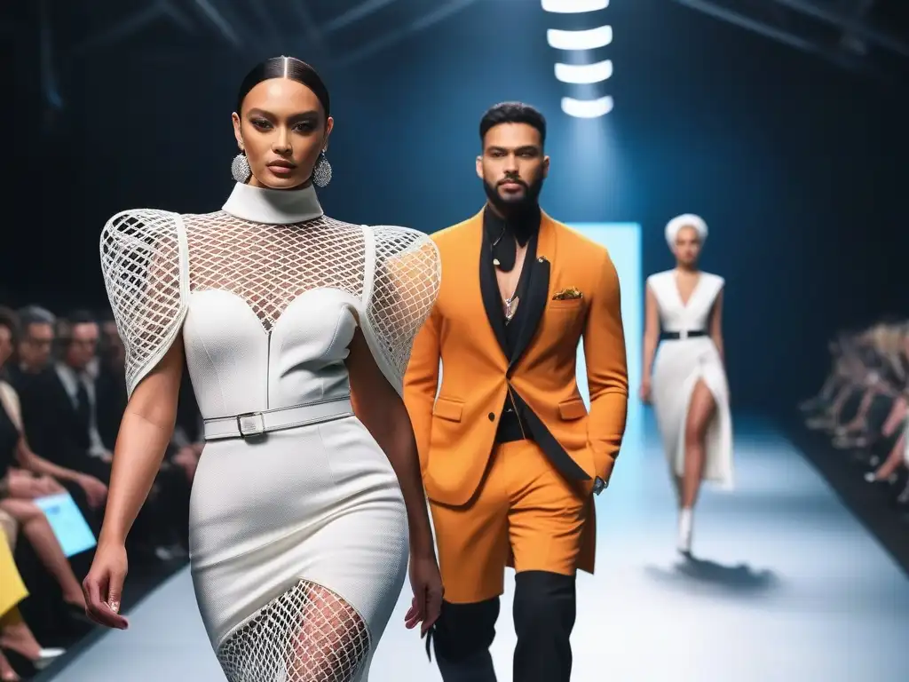 Desfile de moda futurista: diversidad y empoderamiento en la pasarela Una pasarela futurista con modelos diversos luciendo moda inclusiva para todos los cuerpos