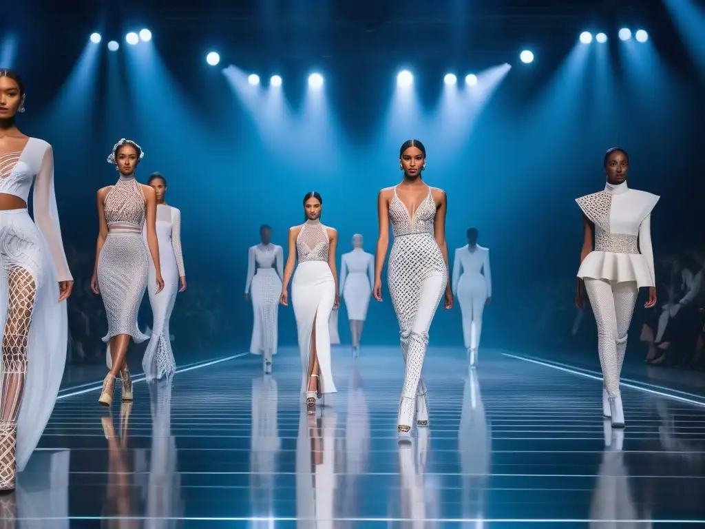 Desfile futurista: moda 3D y diversidad corporal Una pasarela futurista con modelos de moda luciendo diseños de impresión 3D, representando la innovación en moda con impresión 3D