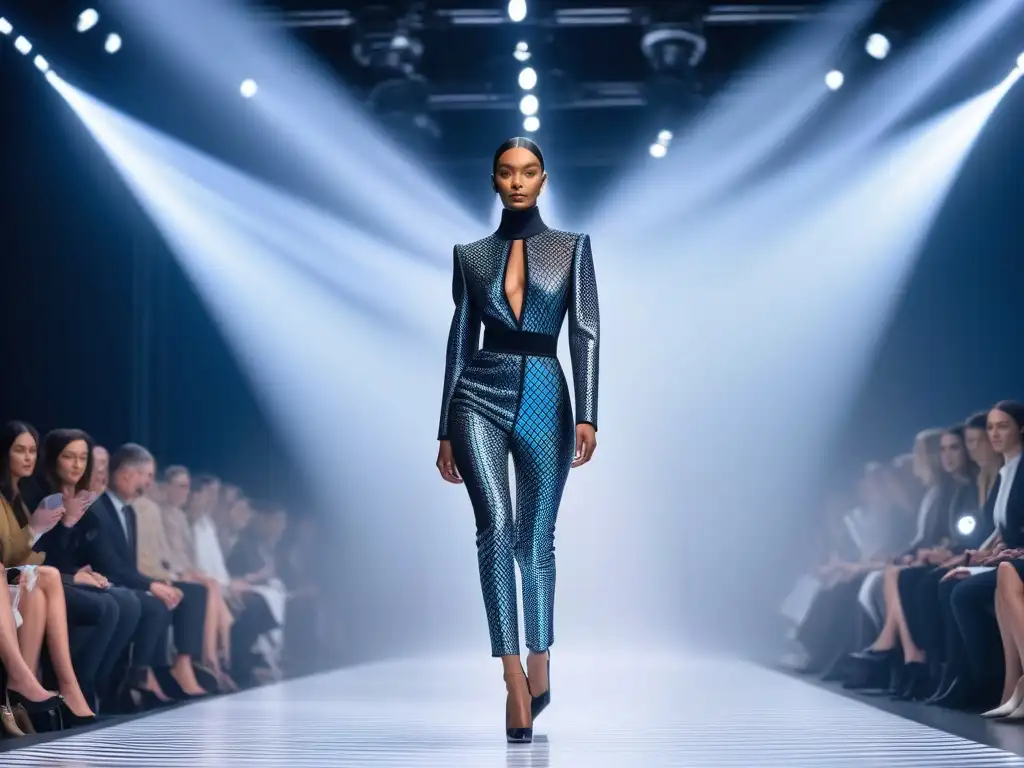 Desfile futurista: moda 3D inclusiva y vanguardista Una pasarela futurista con modelos diversos luciendo moda 3D vanguardista para todas las tallas
