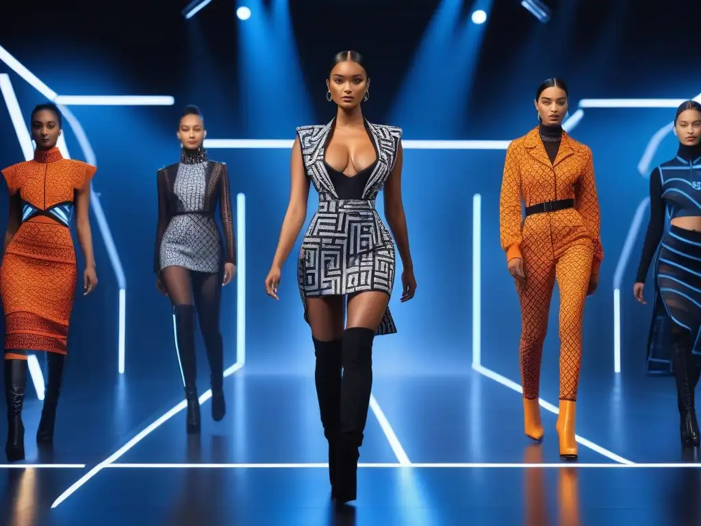 Desfile de Moda Inclusiva: Tecnología y Diversidad Una pasarela futurista con modelos diversos luciendo moda inclusiva para todos cuerpos, fusionando tecnología y estilo