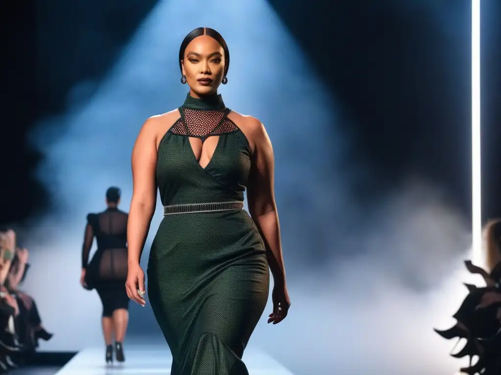 Desfile de moda inclusiva y transformadora Una pasarela futurista con modelos desfilando, luciendo moda adaptativa para todos cuerpos