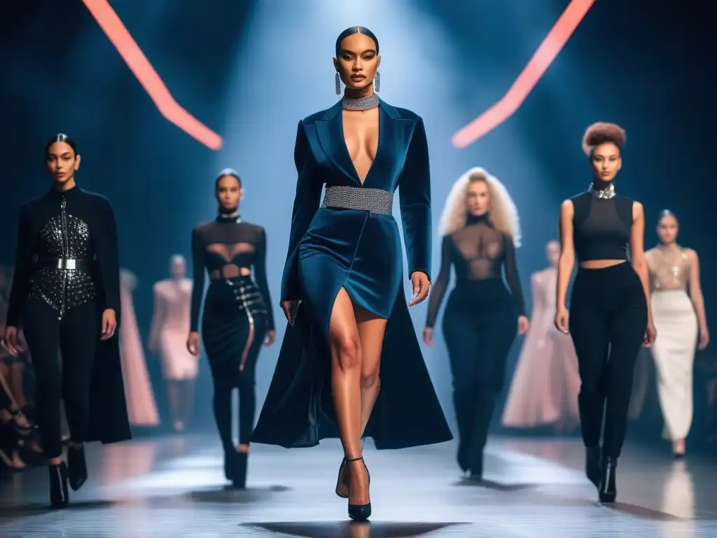 Desfile futurista de moda inclusiva con modelos diversos Una pasarela futurista con modelos diversos luciendo moda inclusiva para todos cuerpos