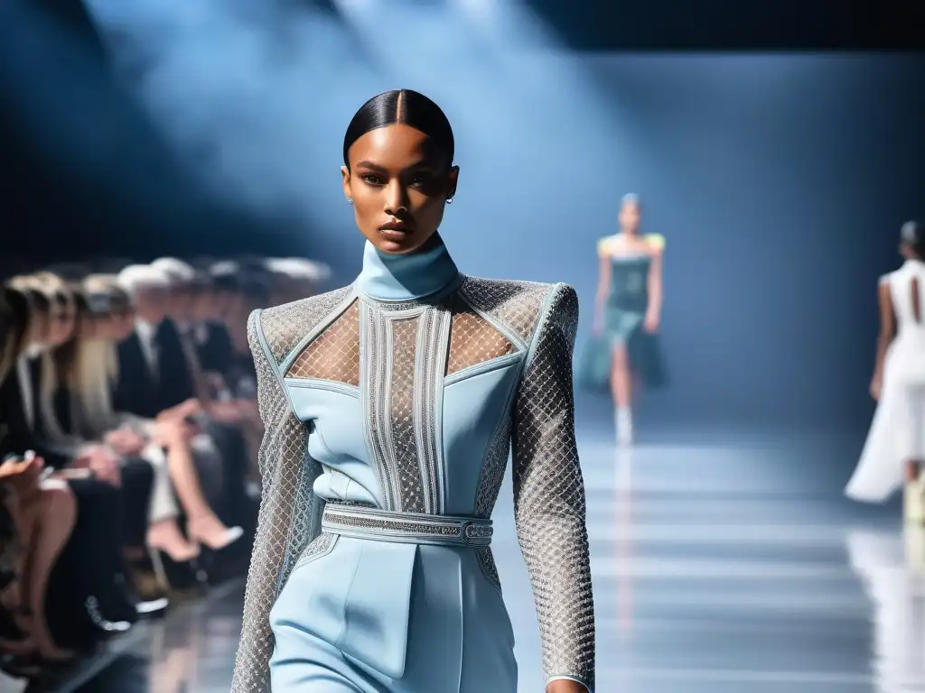 Moda de género neutro: Pasarela futurista con colección diversa Una pasarela futurista con modelos en moda inclusiva etiquetas género neutro