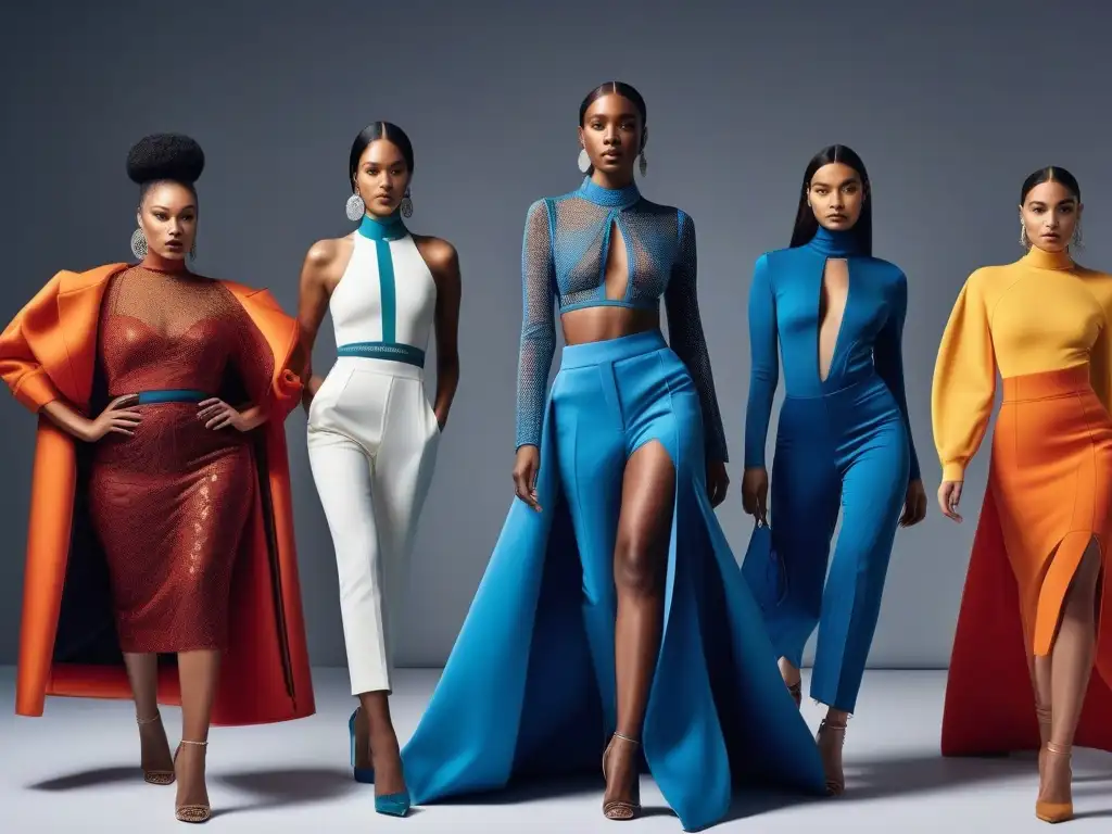 Diversidad y moda sostenible: Desfile futurista de modelos en la pasarela Una pasarela futurista con modelos diversos luciendo moda sostenible, destacando la innovación y la inclusividad