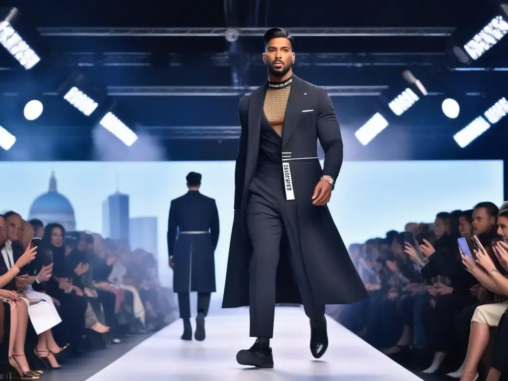 Desfile de moda adaptativa: innovación y empoderamiento Una pasarela futurista con modelos luciendo moda adaptativa con tecnologías y materiales innovadores, irradiando confianza y empoderamiento