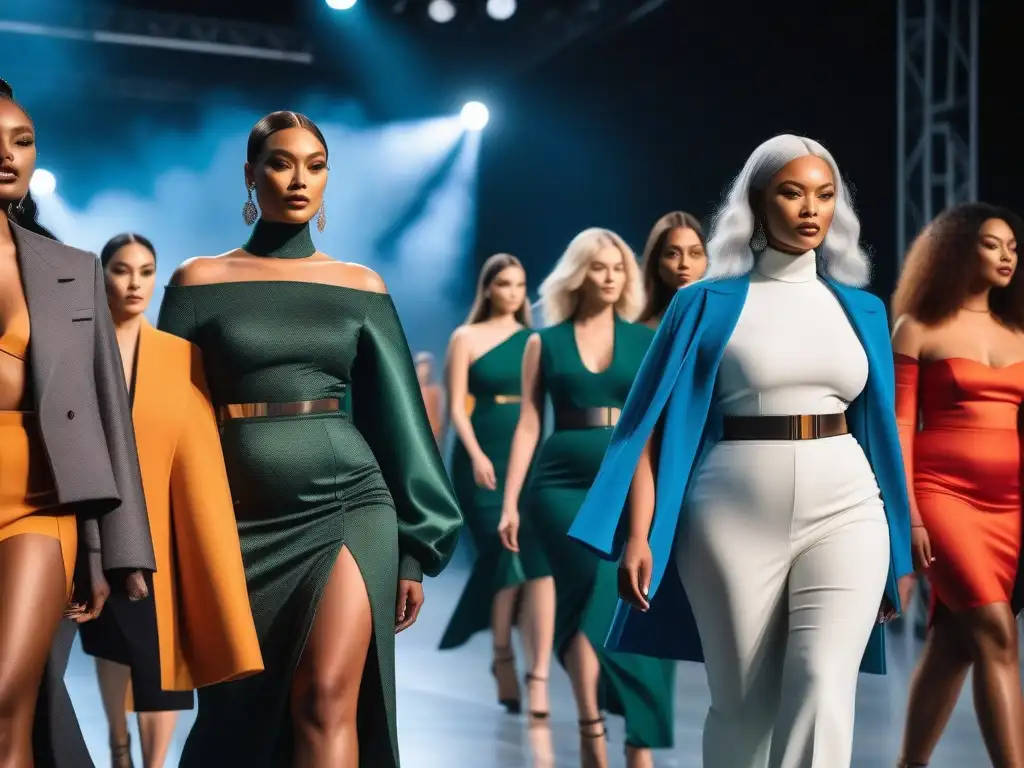 Diversidad y moda inclusiva en pasarela futurista Una pasarela futurista con modelos diversos luciendo moda inclusiva para todos cuerpos