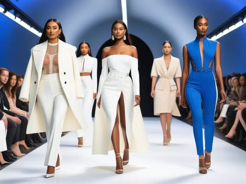 Moda inclusiva y sostenible en pasarela: diversidad y estilo futurista Una pasarela futurista con modelos diversos luciendo moda inclusiva y sostenible diferenciadora