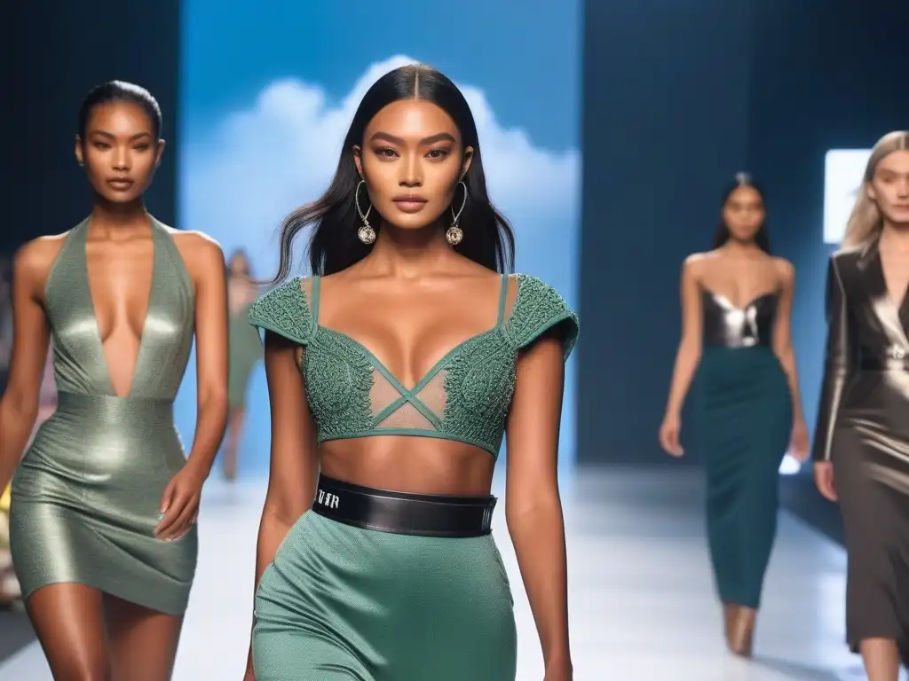 Desfile de moda sostenible: diversidad y belleza en la pasarela Una pasarela futurista con modelos diversos luciendo moda sostenible