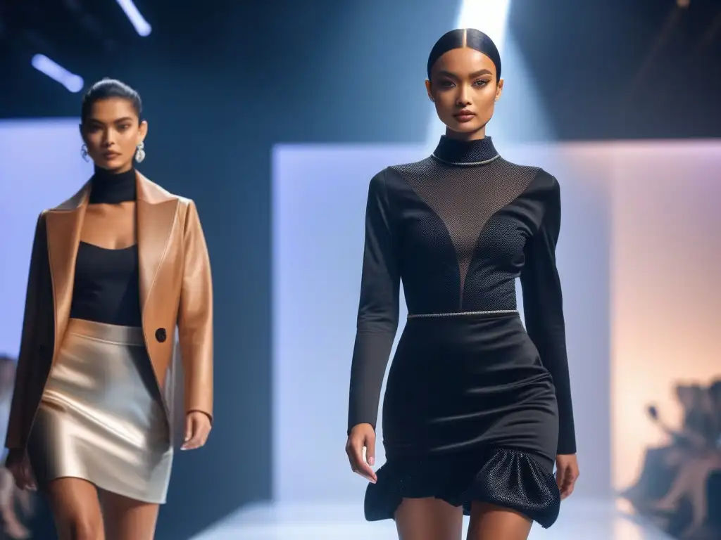 Pasarela futurista: modelos petite deslumbran con moda innovadora Una pasarela futurista con modelos petite luciendo diseños vanguardistas, cautivando a la audiencia