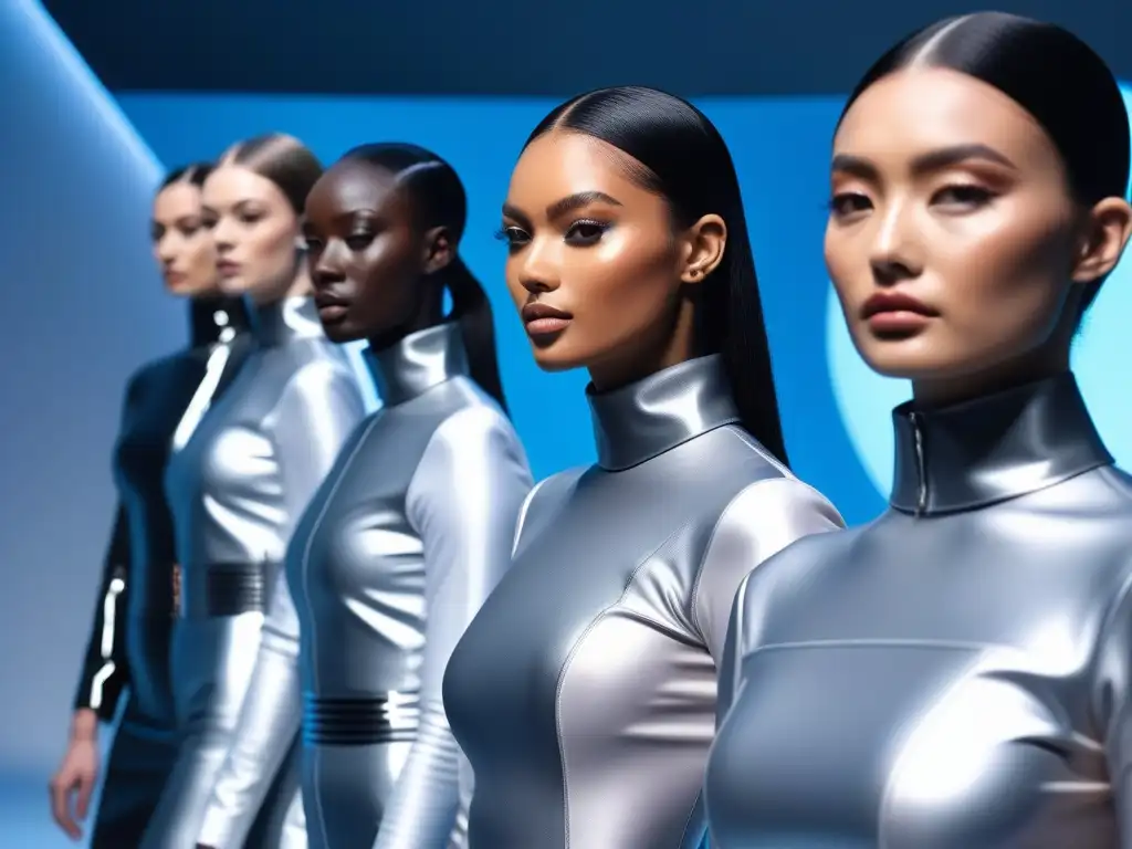 Pasarela de moda: modelos étnicos lucen tratamientos innovadores de piel Una pasarela futurista con modelos de piel impecable y tratamientos avanzados, representando la diversidad en moda