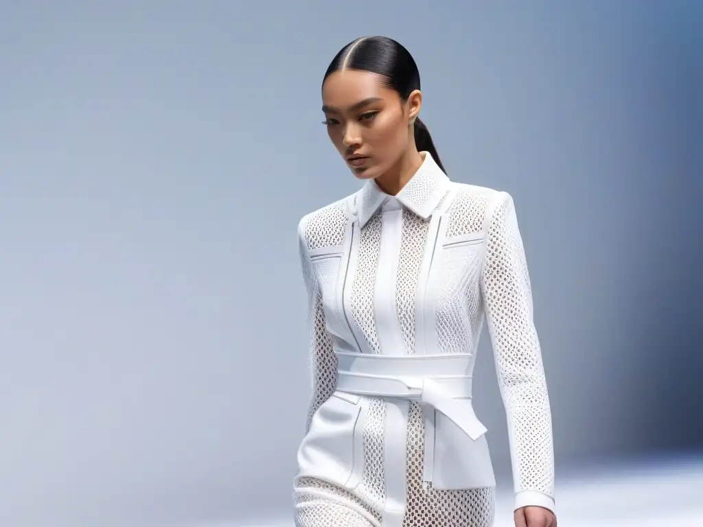 Desfile 3D: Moda inclusiva y vanguardista en pasarela futurista Una pasarela futurista con modelos diversos luciendo piezas de moda 3D personalizadas