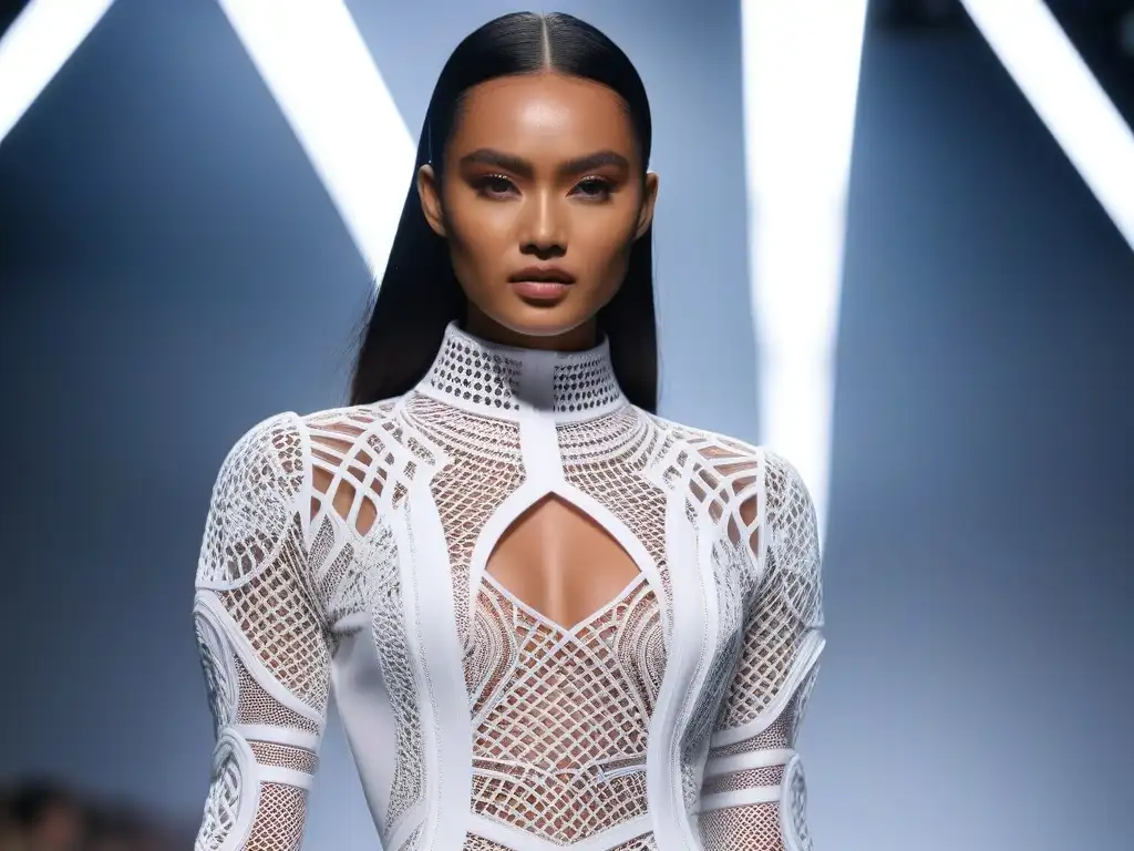 Desfile de moda futurista en 3D: diseño vanguardista y tecnología hightech Una pasarela futurista con modelos luciendo prendas de moda con impresión 3D, de diseño innovador y estética hightech