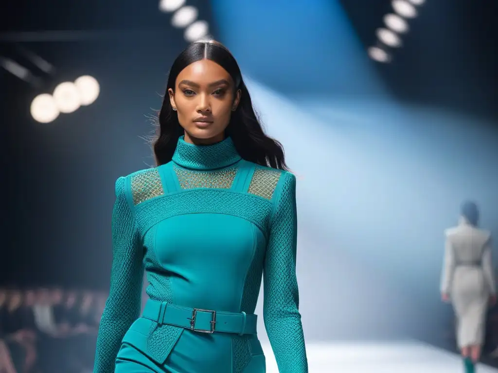 Desfile futurista: moda inclusiva con textiles innovadores Una pasarela futurista con modelos luciendo prendas de tejidos innovadores en un ambiente inclusivo y vanguardista