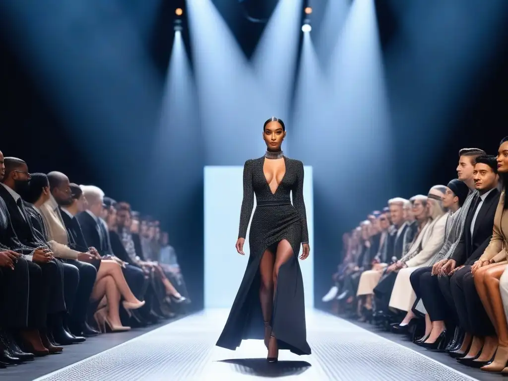 Desfile inclusivo: celebrando la diversidad en la moda Una pasarela futurista con modelos diversos desfilando, rodeados de espectadores felices