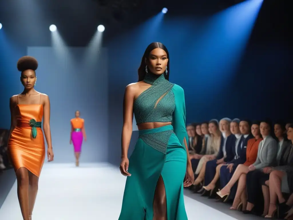 Desfile de moda diverso y vanguardista Una pasarela futurista con modelos diversos luciendo ropa adaptada a cuerpos diversos, en un desfile de moda inclusivo y vanguardista