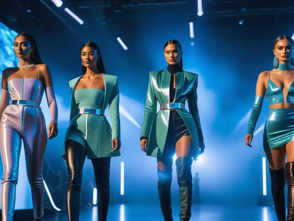 Desfile futurista: moda inclusiva y tecnología de lujo Una pasarela futurista con modelos diversos usando smartwatches de lujo, representando la moda inclusiva y la diversidad