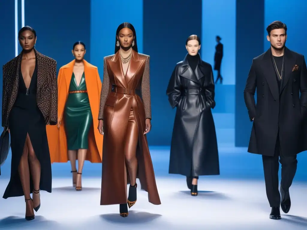 Desfile Hermès: Inclusivo y elegante con modelos diversos Una pasarela futurista con modelos diversos vistiendo Hermès, reflejando la inclusión de tallas en la moda