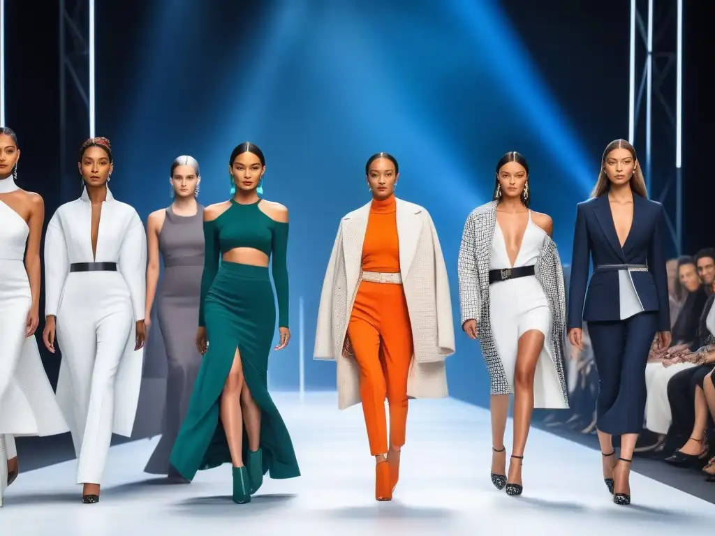 Desfile futurista: moda inclusiva y tecnológica en la pasarela Una pasarela futurista con modelos diversos usando tejidos adaptativos en moda inclusiva