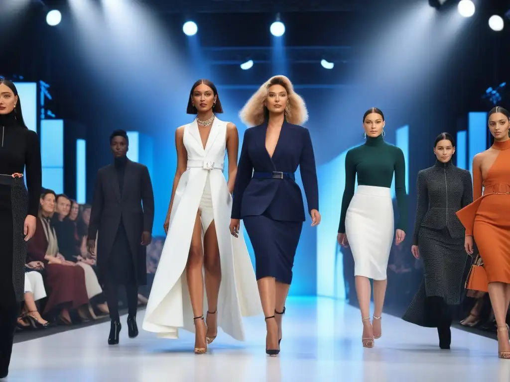 Diseños inclusivos: pasarela futurista con telas adaptativas innovadoras Una pasarela futurista donde modelos lucen tejidos adaptativos para moda inclusiva con estilo innovador y funcional