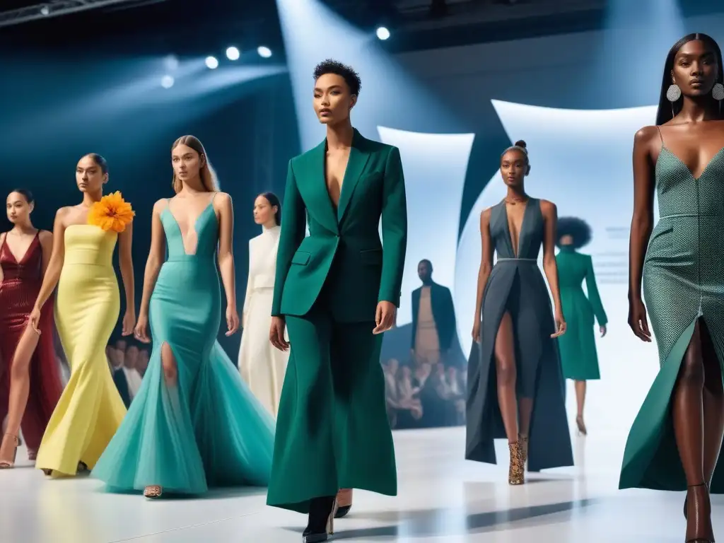 Desfile ecofriendly: moda inclusiva en pasarela futurista Una pasarela futurista con modelos diversos luciendo textiles ecoconscientes para moda inclusiva