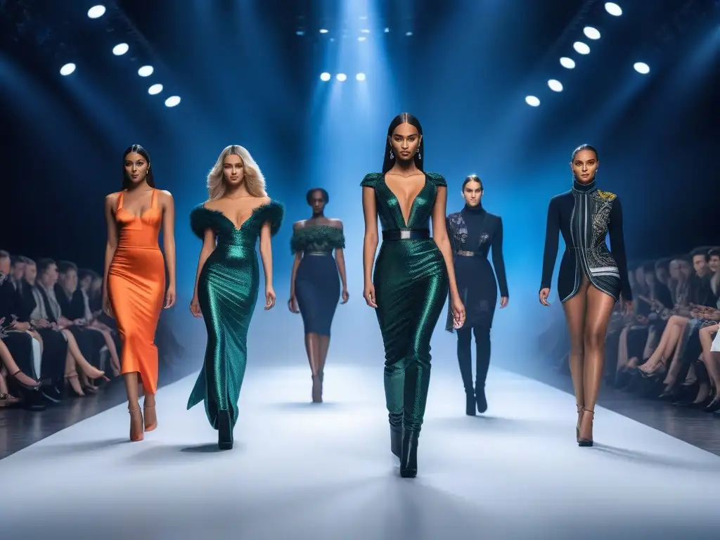 Desfile revolucionario: moda inclusiva en pasarela futurista Una pasarela futurista con modelos de diversos tipos de cuerpo luciendo diseños inclusivos y revolucionarios