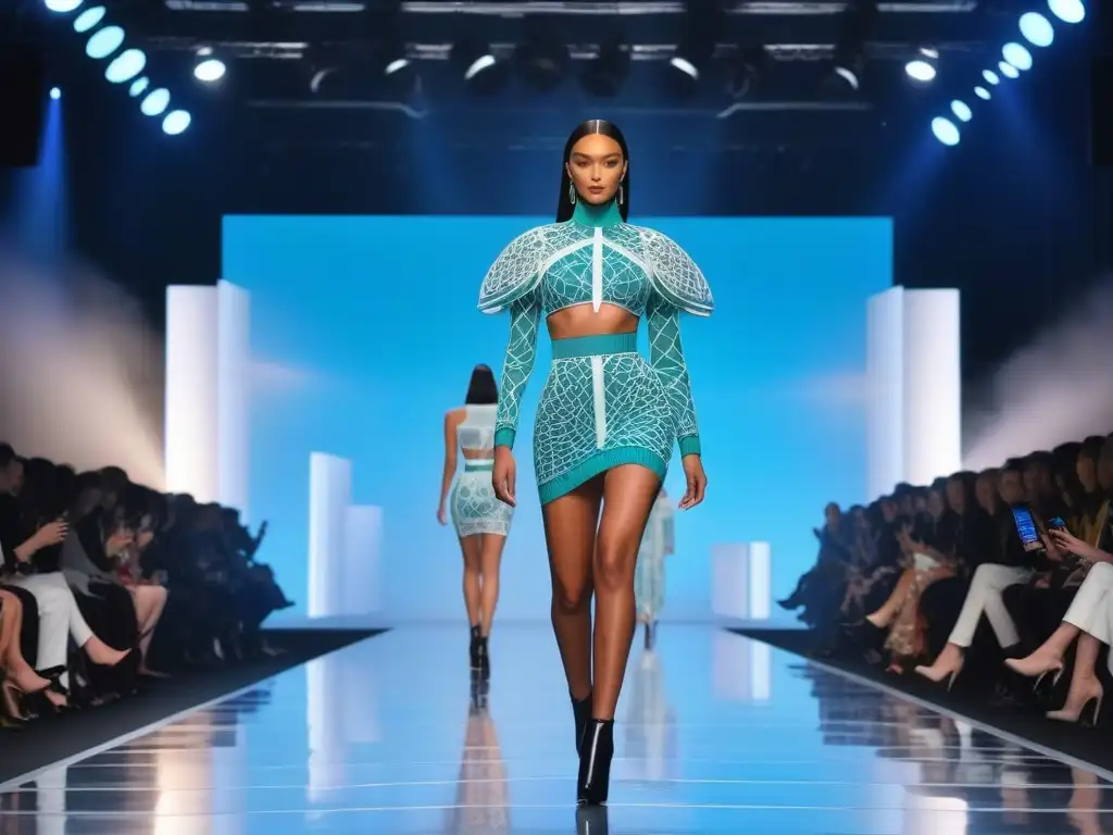 Desfile futurista: Moda 3D única en pasarela diversa Una pasarela futurista donde modelos muestran trajes 3D únicos, celebrando la diversidad e inclusión en la moda