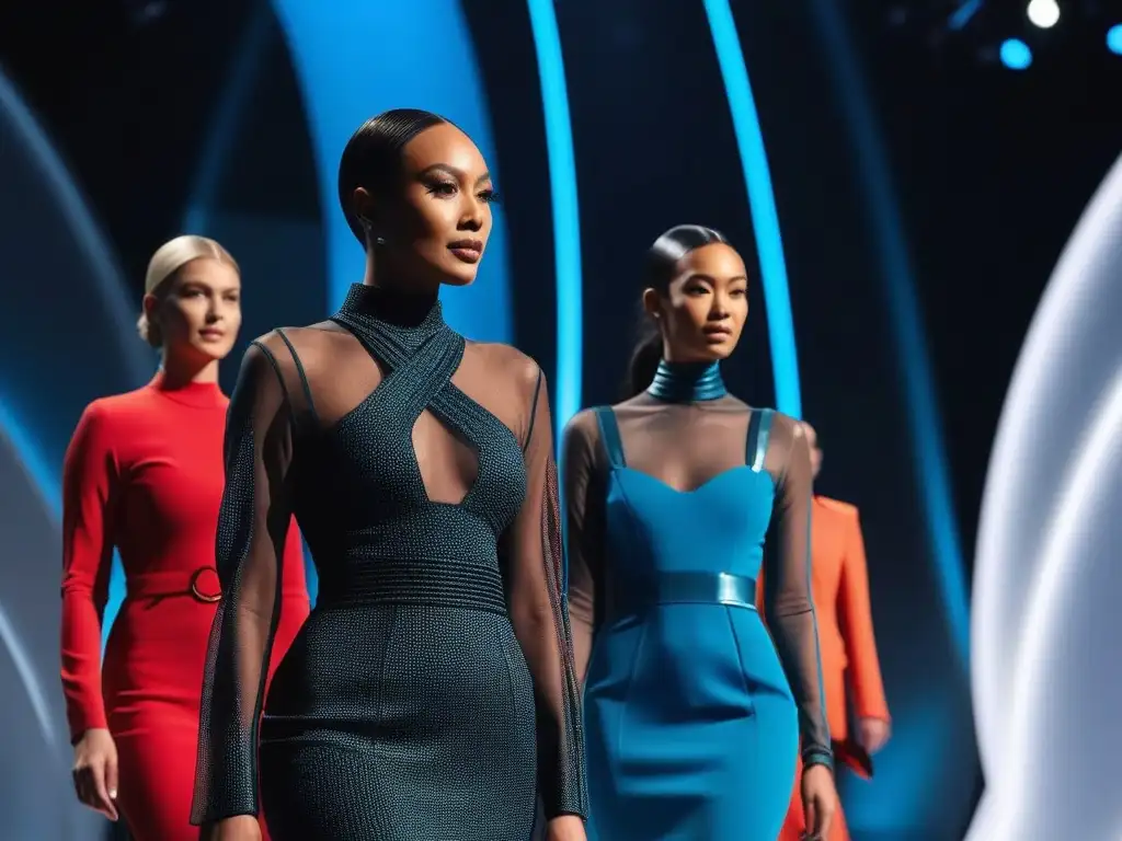 Moda adaptativa: Pasarela futurista con diseños innovadores Una pasarela futurista con modelos diversos luciendo las últimas tendencias de moda adaptativa