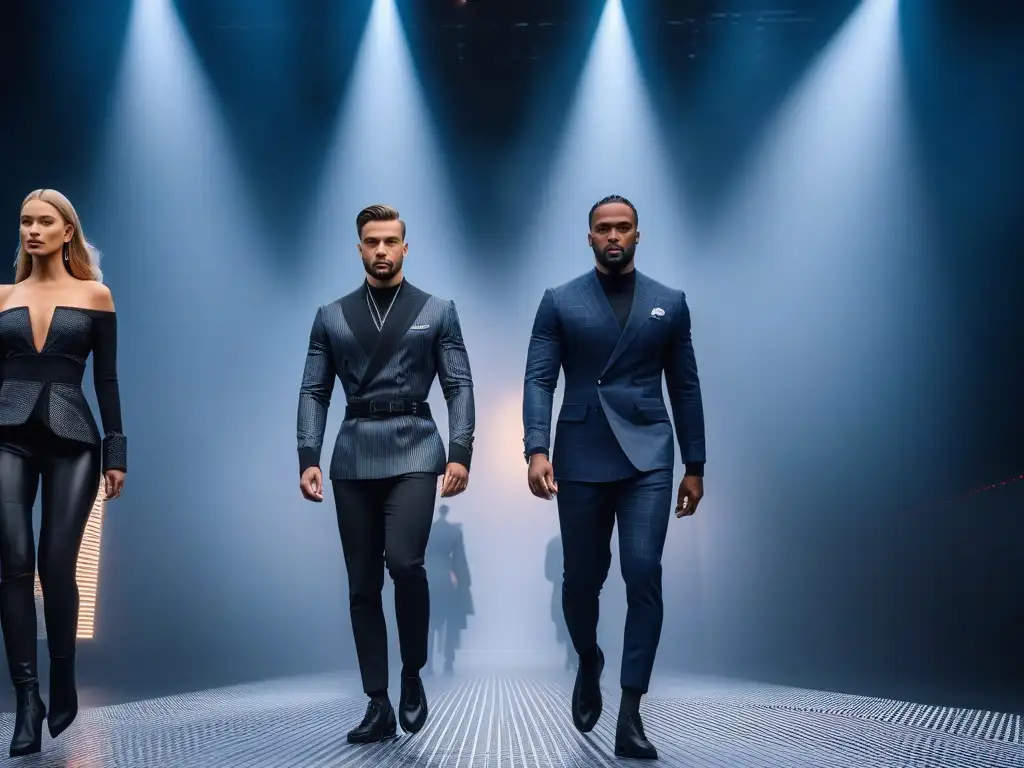 Desfile futurista de moda premium inclusiva y tecnológica Una pasarela futurista con modelos diversos usando wearables premium para tallas especiales, fusionando moda e innovación