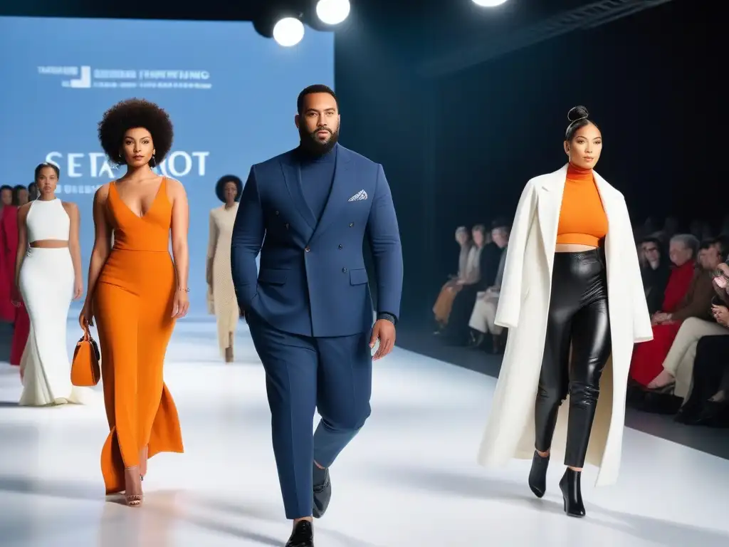 Desfile de moda sostenible: diversidad y empoderamiento en la pasarela Una pasarela futurista con personas de todos los tipos de cuerpo, edades y etnias luciendo moda sostenible para todos cuerpos