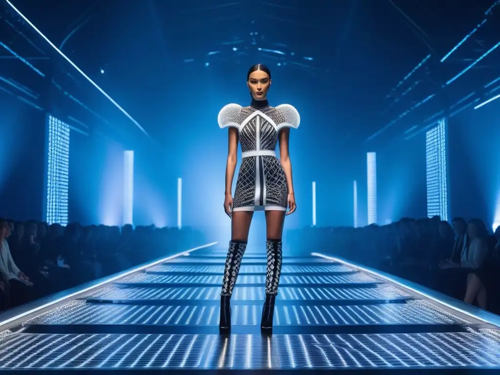 Pasarela futurista: Moda 3D impresa Una pasarela futurista con prendas de moda con impresión 3D y modelos exhibiendo innovadores diseños