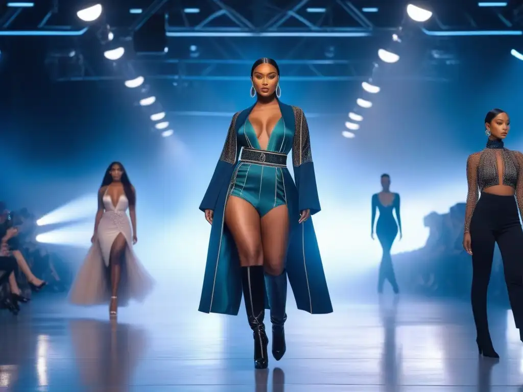 Moda inclusiva: Desfile futurista de diversidad Una pasarela del futuro con moda inclusiva para todos cuerpos, modelos diversos irradiando confianza y empoderamiento