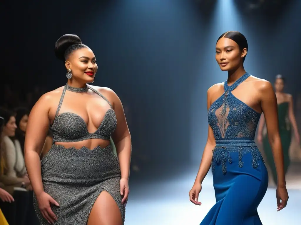 Desfile inclusivo: diversidad y empoderamiento en la moda Una pasarela inclusiva y diversa con modelos de diferentes etnias, tipos de cuerpo y habilidades, llevando diseños vanguardistas